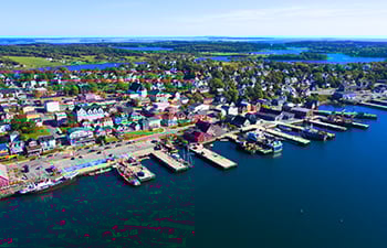 Aerial shot of a costal town.